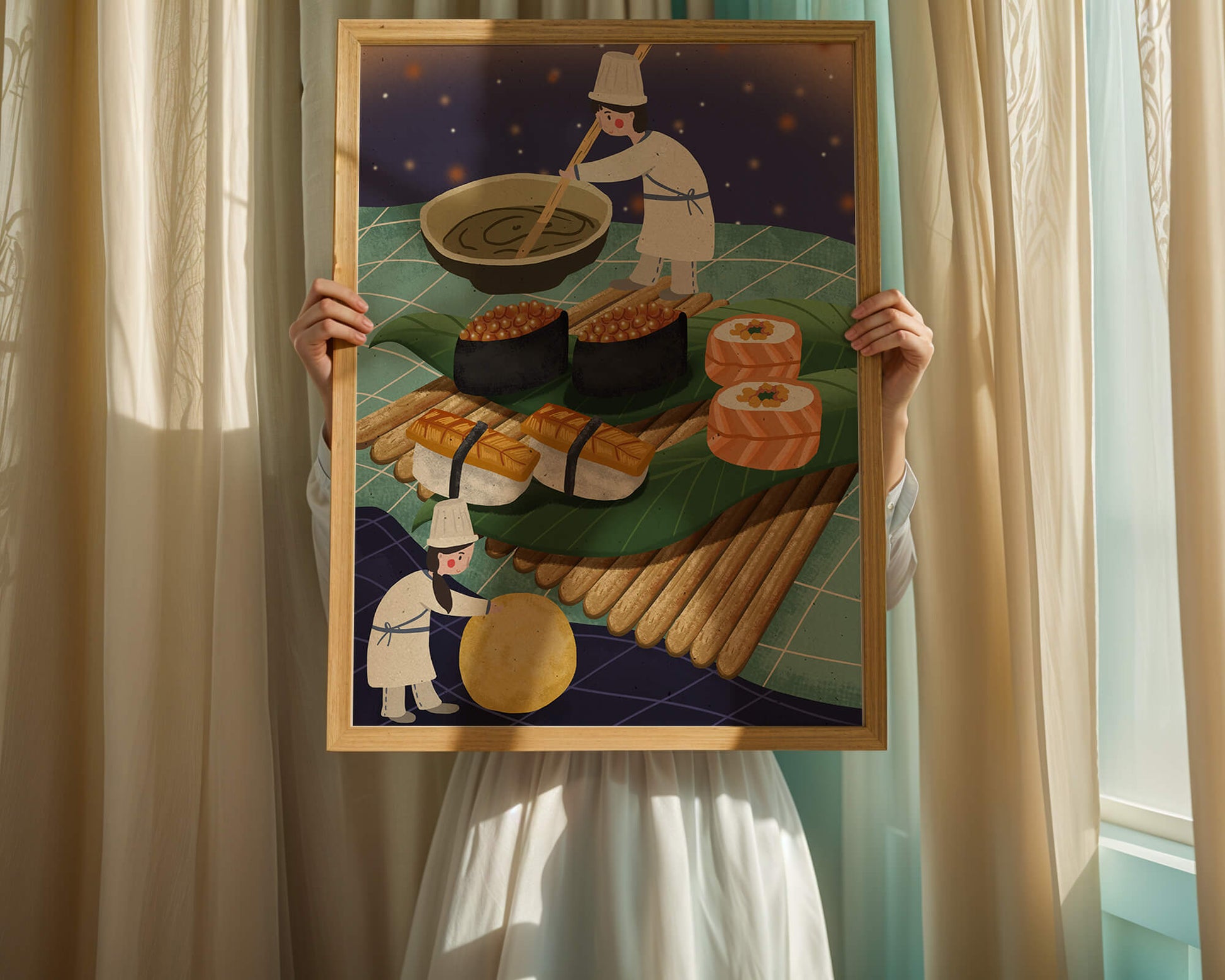 Ilustración juguetona de chefs preparando sushi en un paisaje imaginario