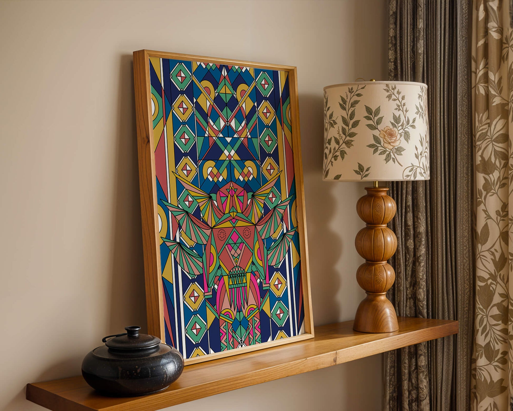 Obra de arte abstracta geométrica colorida con patrones simétricos