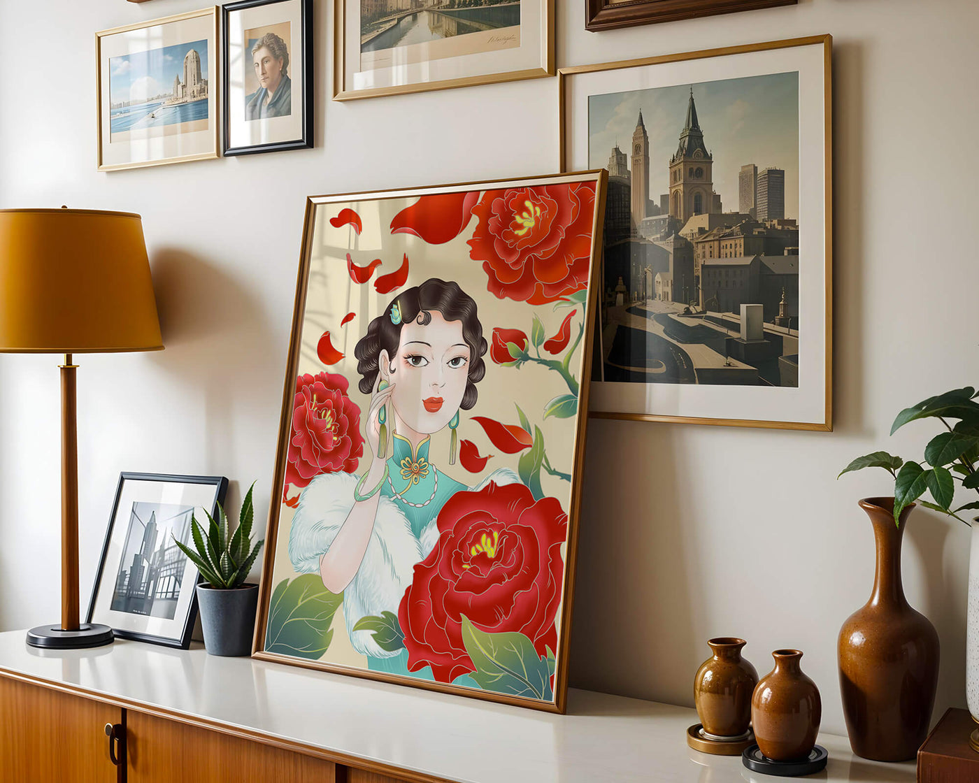 Elegant woman surrounded by vibrant red flowers and petals