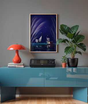 Serene night scene with graceful cranes and a magical boat ride