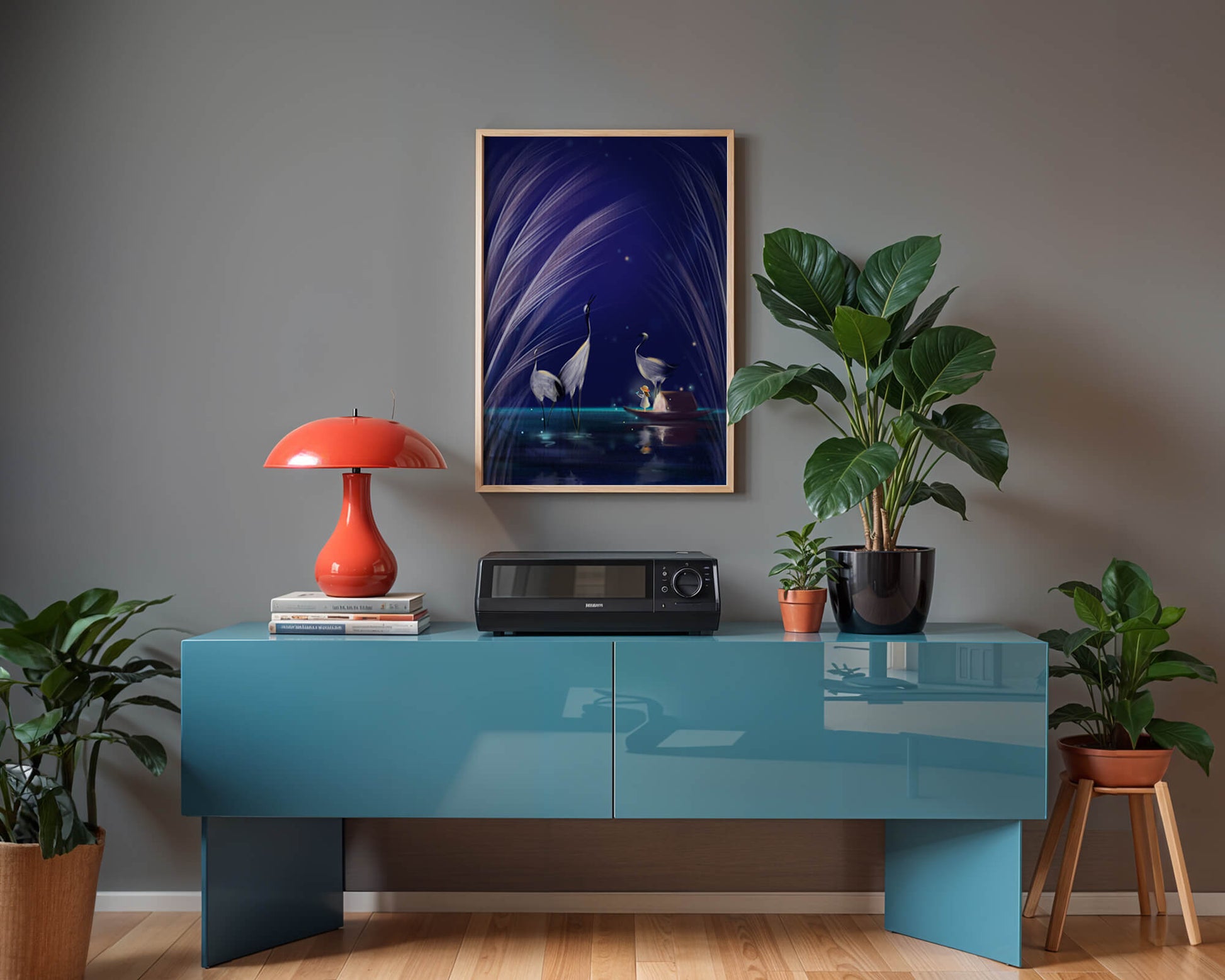 Serene night scene with graceful cranes and a magical boat ride