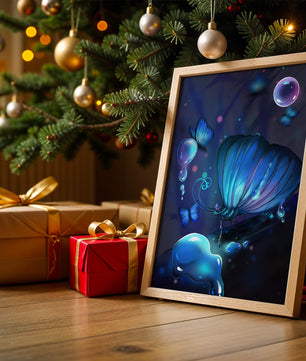 Illuminated Blue Butterflies with Glowing Bubbles in Enchanted Darkness