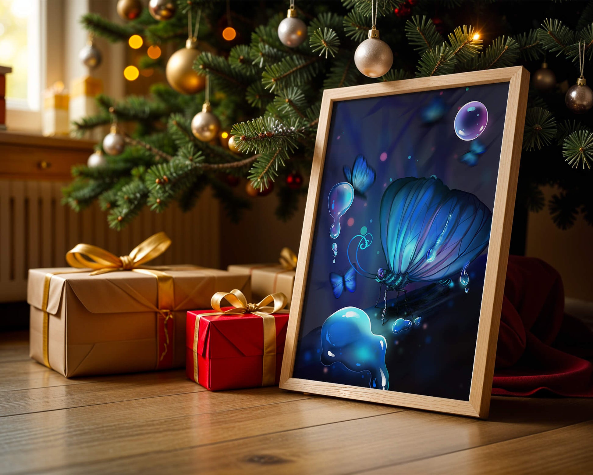 Illuminated Blue Butterflies with Glowing Bubbles in Enchanted Darkness