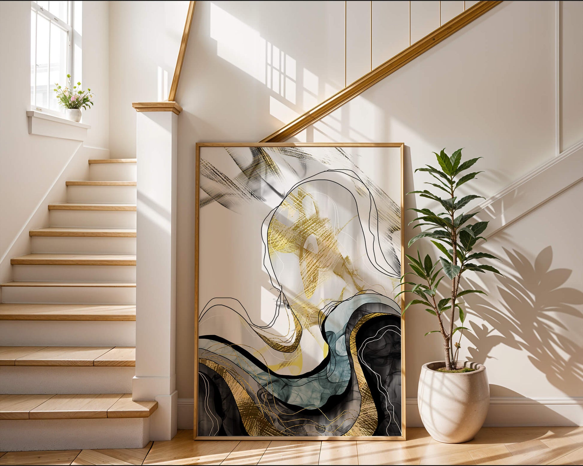 Arte abstracto con líneas fluidas y detalles dorados