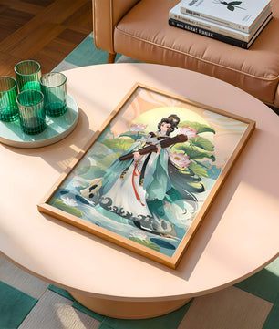 Elegant woman with traditional clothing and musical instrument in serene nature setting