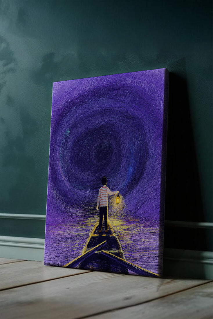 A boy holding a lantern on a boat in a swirling purple vortex