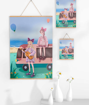 Serene beach scene with whimsical characters and hot air balloons