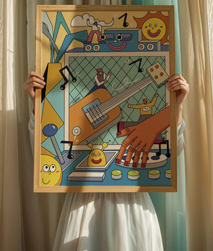 Colorful Cartoon Collage with Musical Elements and Smiling Faces