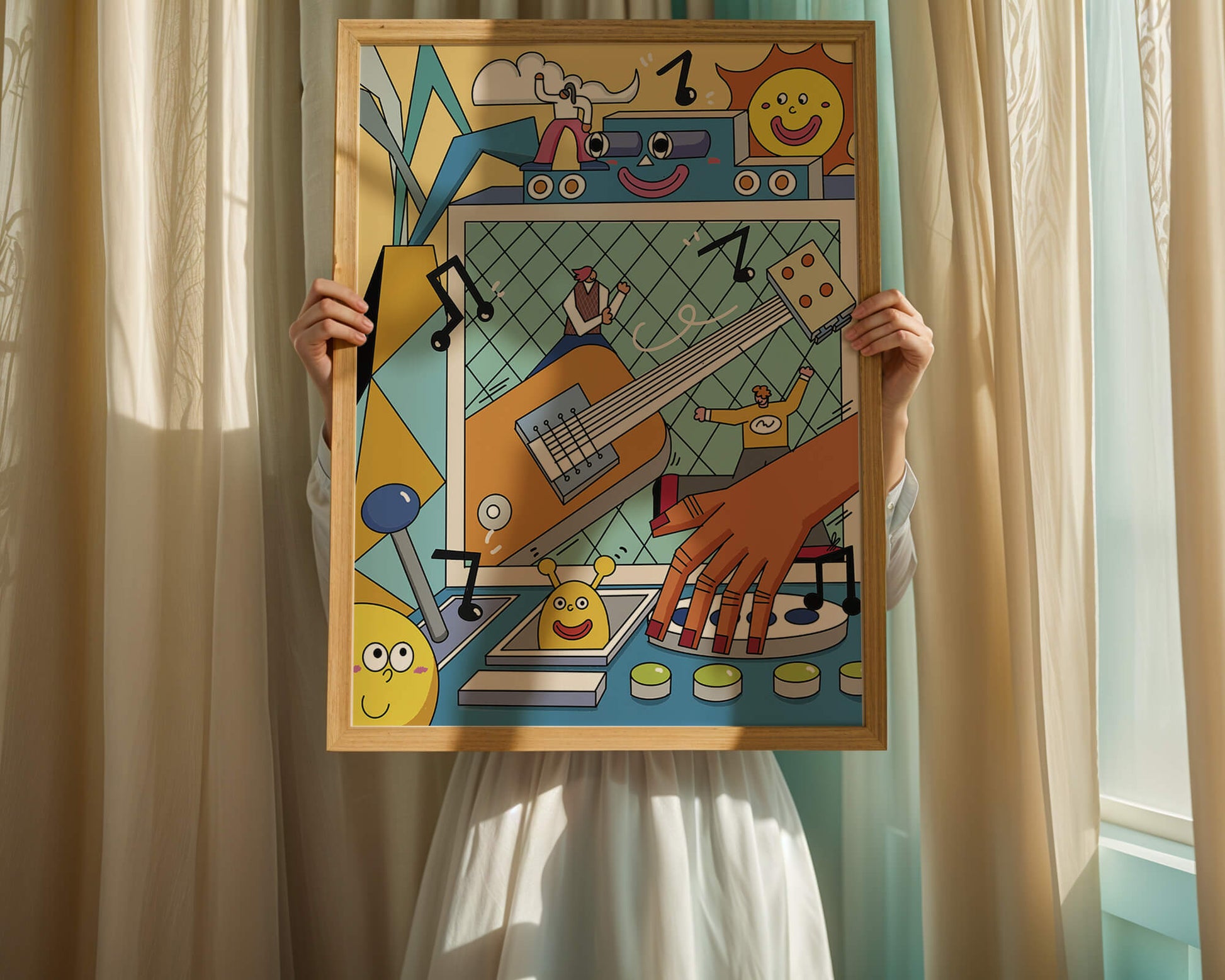 Colorful Cartoon Collage with Musical Elements and Smiling Faces