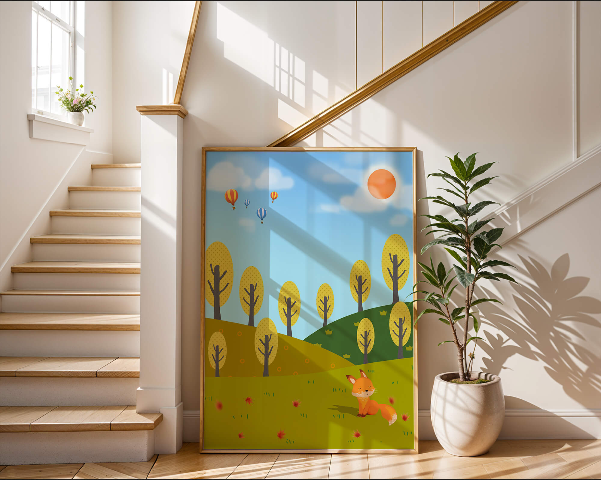 Whimsical landscape with hot air balloons and a fox in autumn scenery