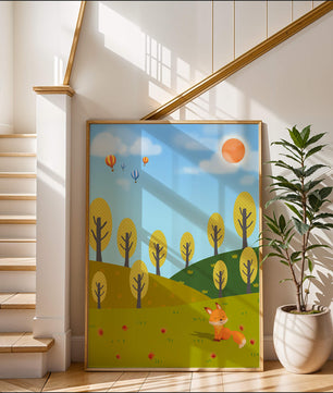 Whimsical landscape with hot air balloons and a fox in autumn scenery