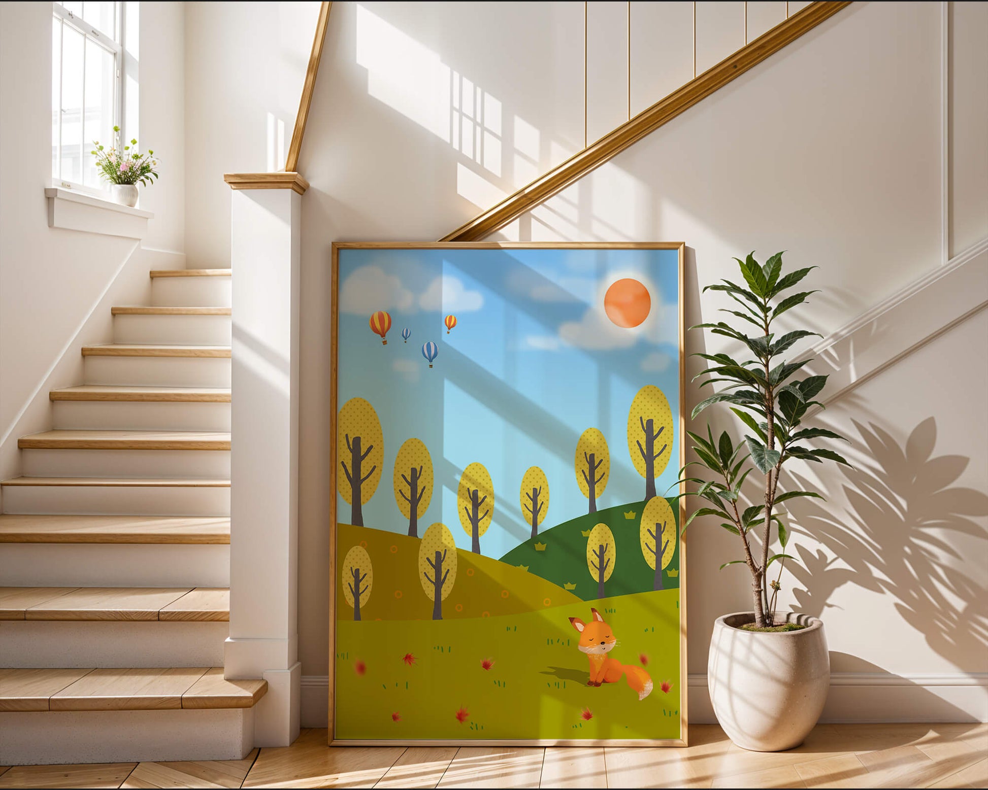 Whimsical landscape with hot air balloons and a fox in autumn scenery