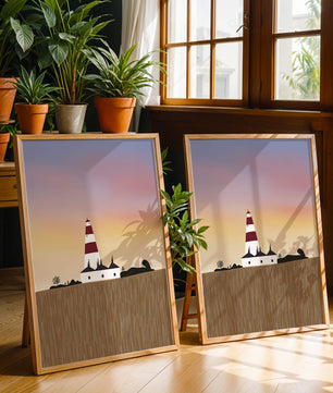 Lighthouse at Dusk with Colorful Sky and Field Landscape