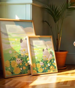 Whimsical Scene of Fluffy Cat and Kitten Among Yellow Flowers