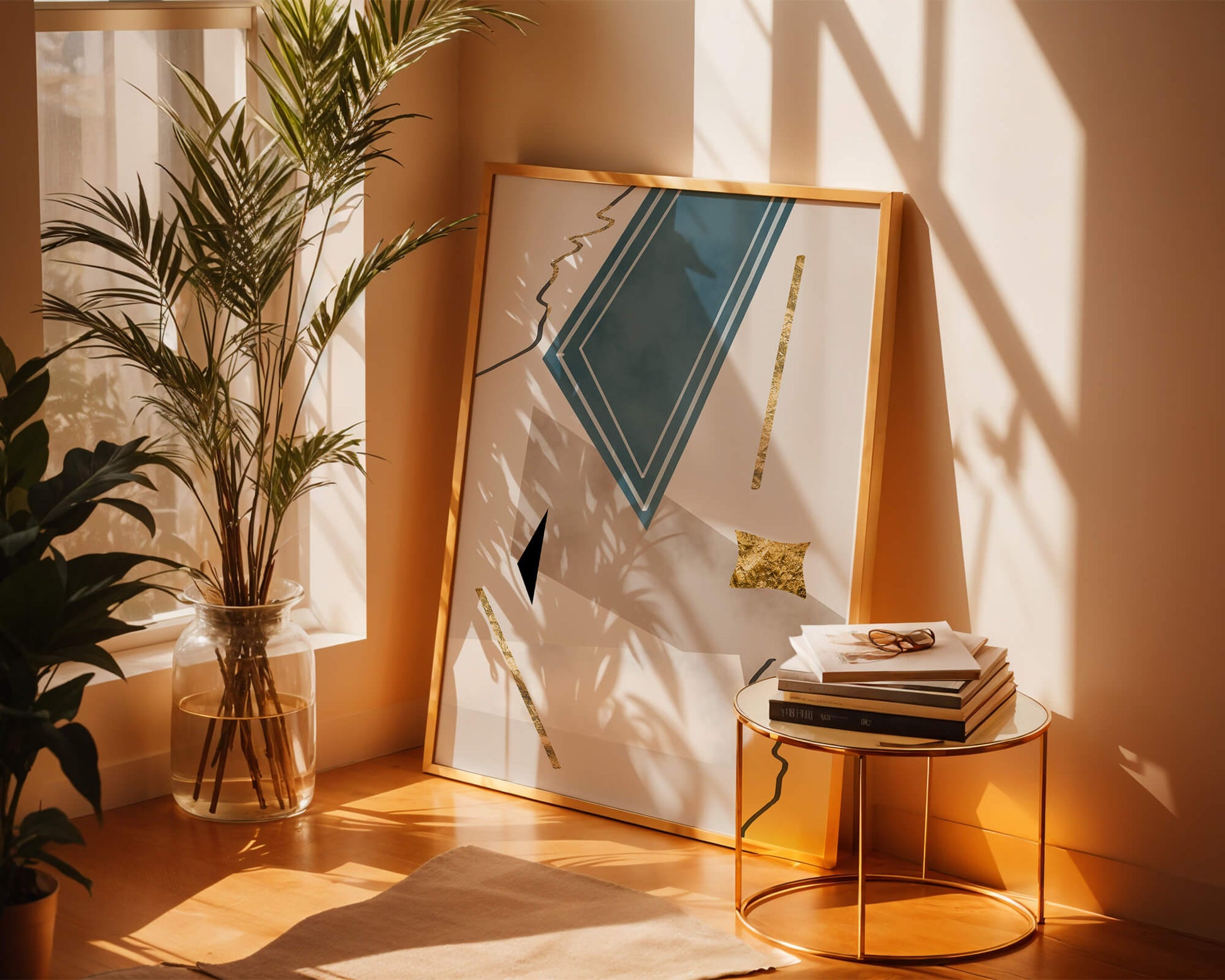 Abstract geometric artwork with gold accents and dynamic shapes