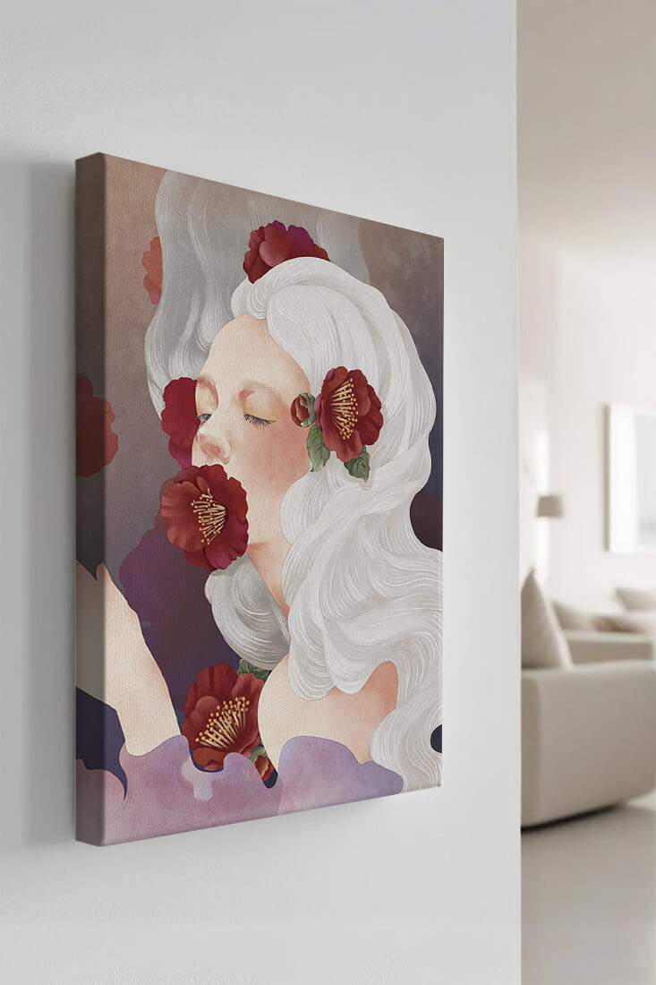 Dreamy Portrait of a Woman with White Hair and Red Flowers