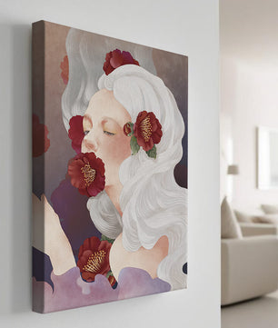 Retrato onírico de una mujer con cabello blanco y flores rojas