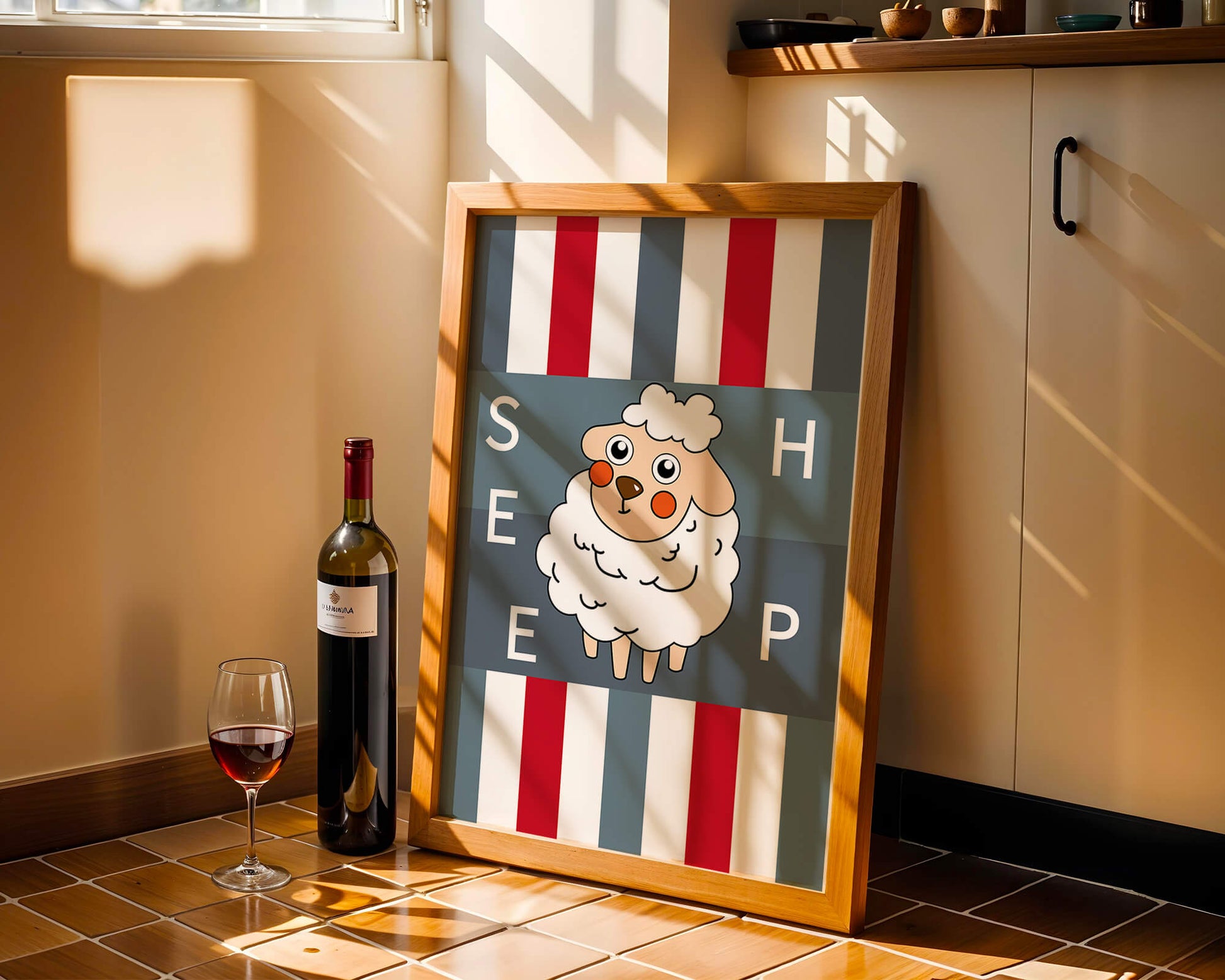 Playful sheep illustration on striped background