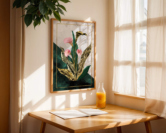 Abstract botanical art with pink calla lilies and golden leaves