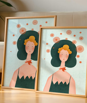 Whimsical Portrait of a Woman with Green Hair and Abstract Circles - Mi tienda