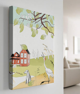 Tranquil rural landscape illustration with house, dog, and crane
