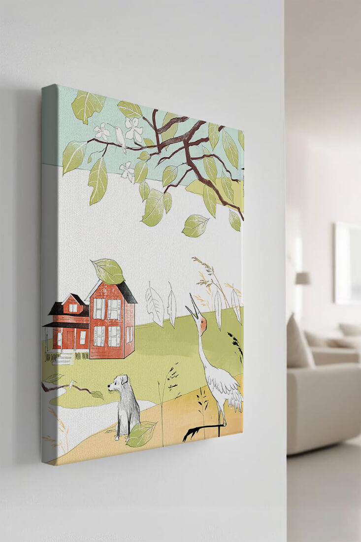 Tranquil rural landscape illustration with house, dog, and crane
