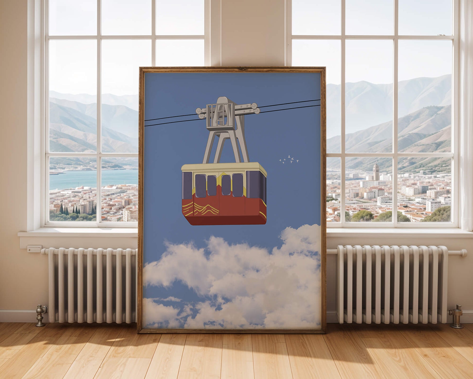 Colorful cable car against a clear blue sky