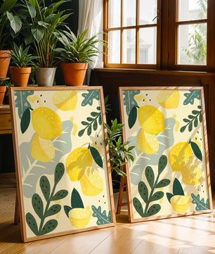 Composición ilustrativa de limones y hojas con colores vibrantes