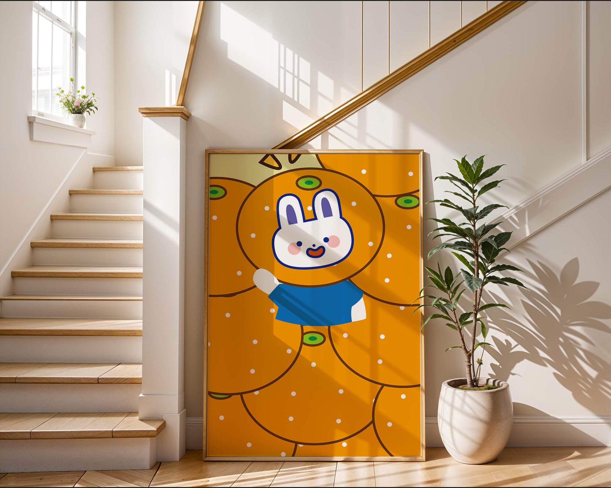 Whimsical illustration of a bunny surrounded by oranges
