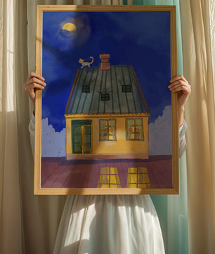 Charmantes nächtliches Haus mit einer Katze auf dem Dach unter dem Mond 