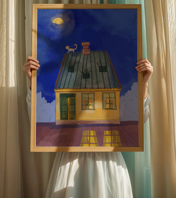 Charming Nighttime House with a Cat on the Roof Under the Moon