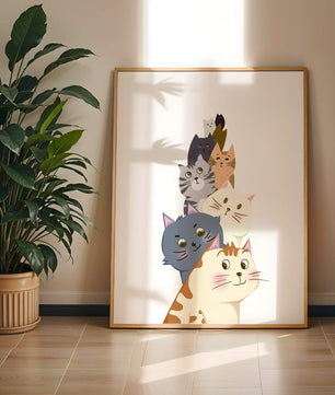 Stack of adorable cartoon cats with diverse patterns and colors