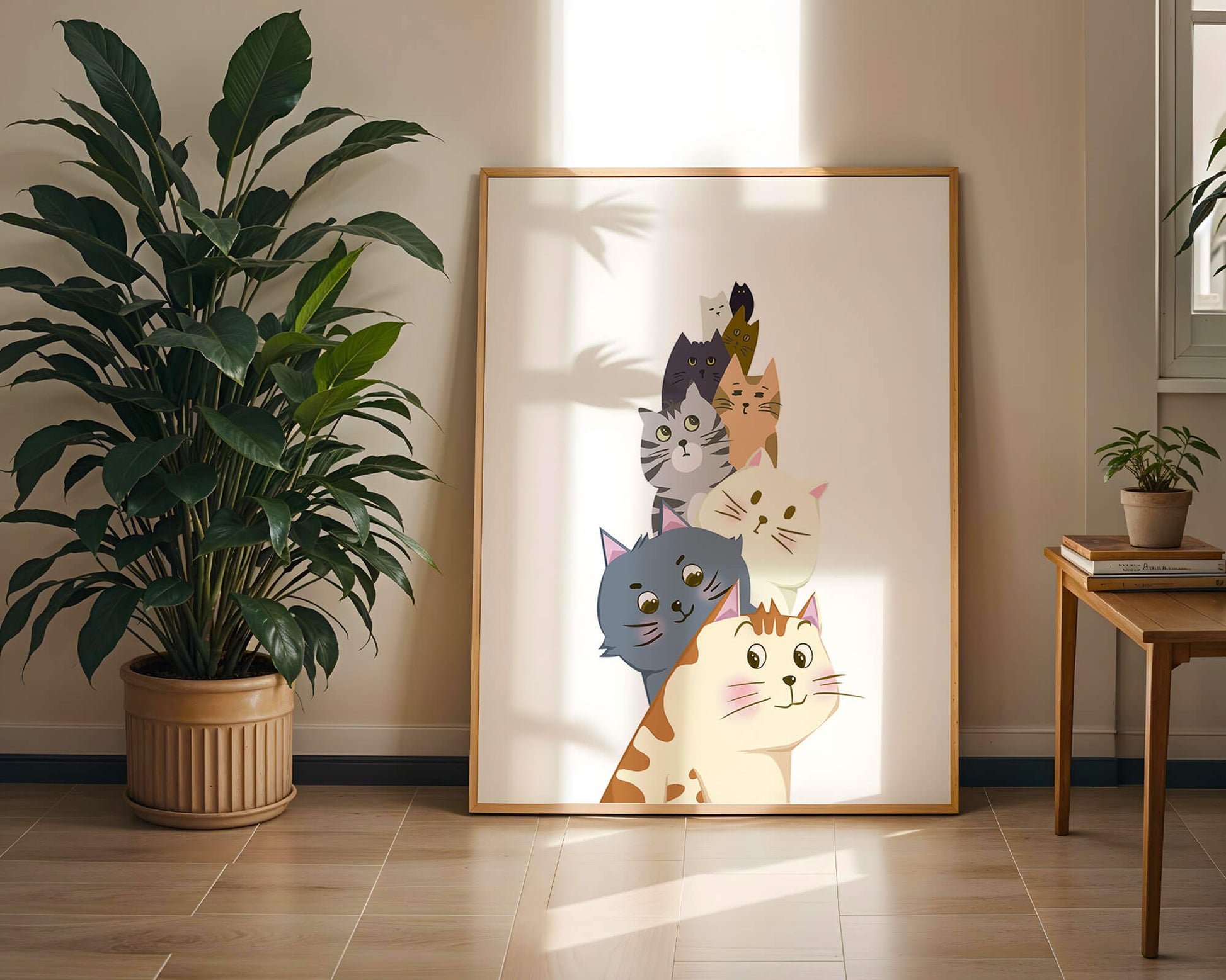 Stack of adorable cartoon cats with diverse patterns and colors