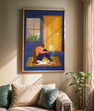 Woman sitting with an open magical book and a fairy in a room