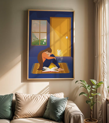 Woman sitting with an open magical book and a fairy in a room