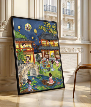 Traditional Chinese Garden Scene with Lanterns and Moon Rabbit