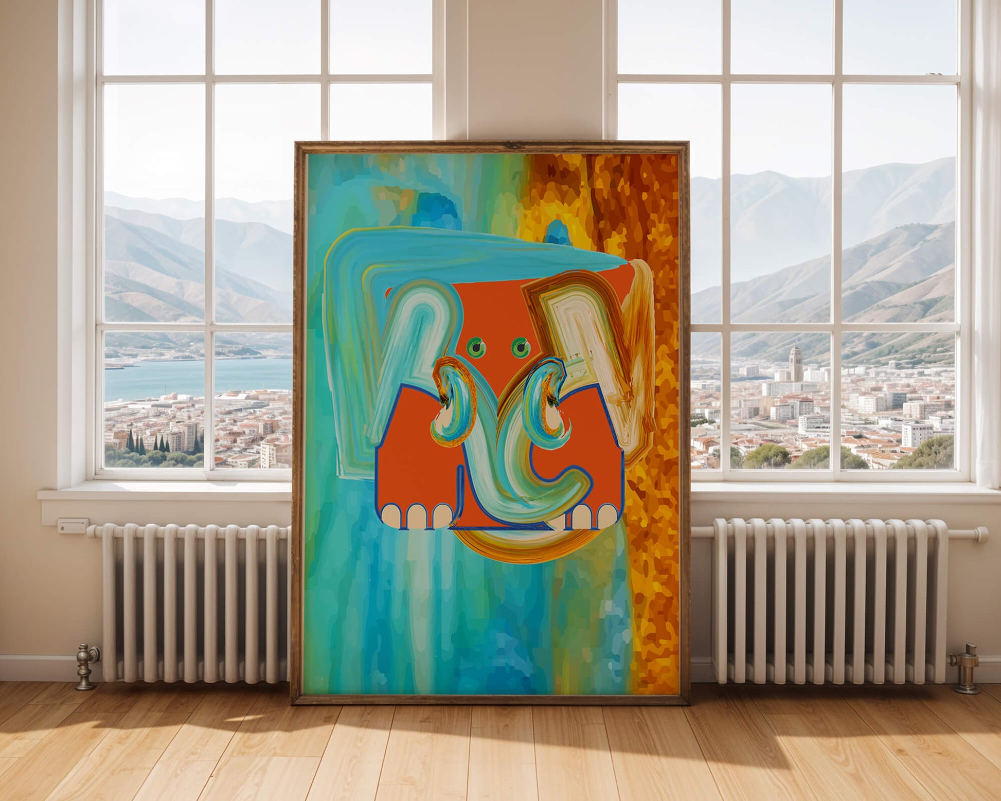 Pintura abstracta colorida de un elefante con tonos vibrantes y pinceladas artísticas.