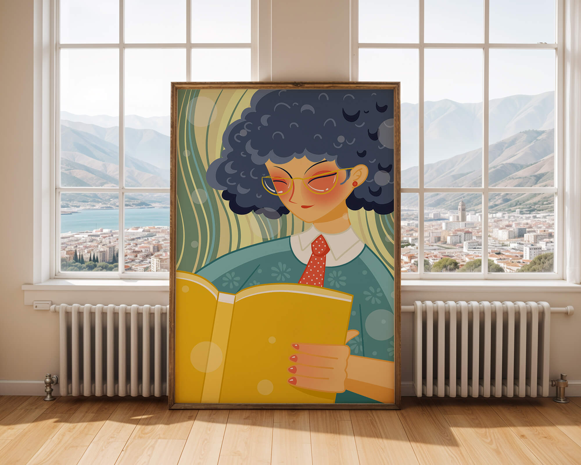 Illustration of a person reading a large yellow book in a stylized design