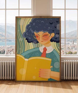 Illustration d'une personne lisant un grand livre jaune dans un style stylisé
