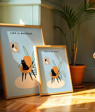 Charming Cat Relaxing on a Chair with Inspirational Quote and Art