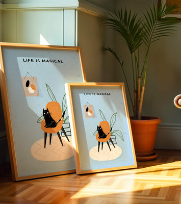 Charming Cat Relaxing on a Chair with Inspirational Quote and Art