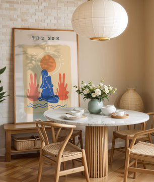 Modern abstract art poster featuring the sun and a serene figure in blue and coral tones - Mi tienda