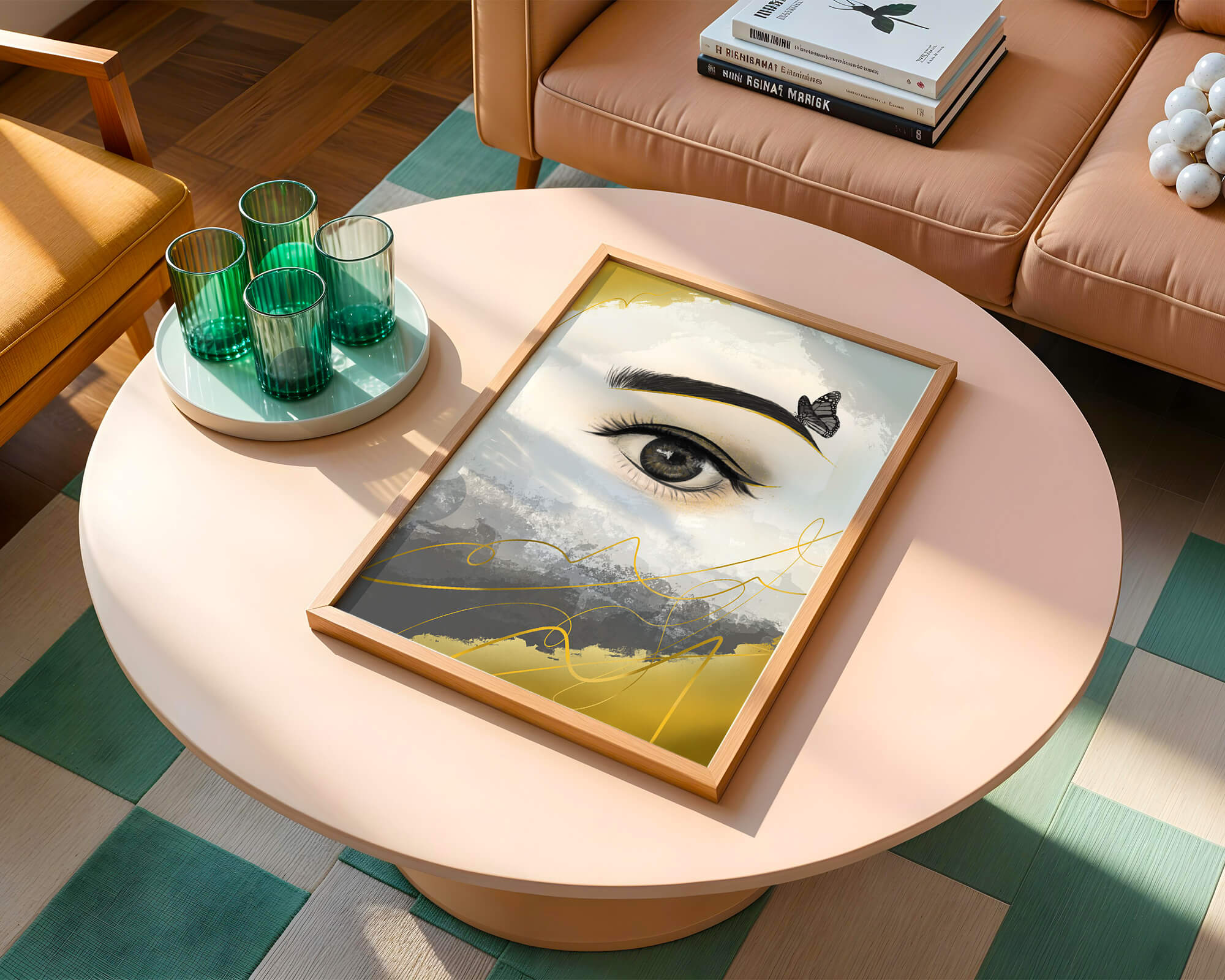Artistic eye illustration with butterfly and abstract gold accents