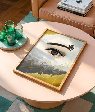 Artistic eye illustration with butterfly and abstract gold accents