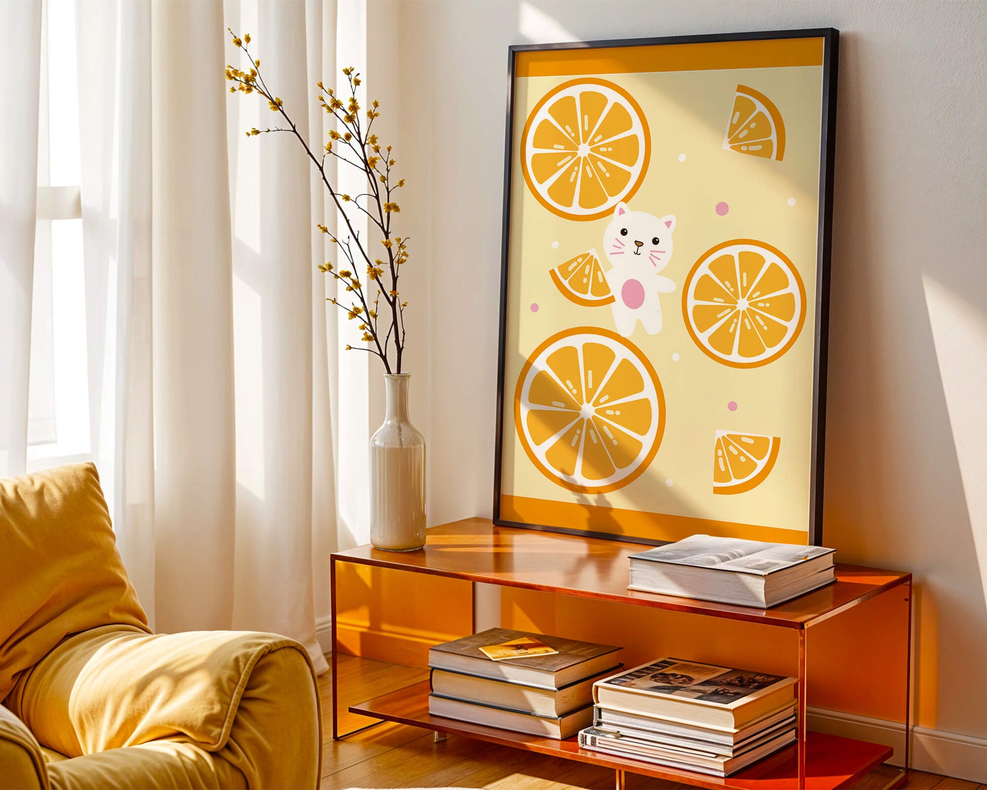 Illustration of a playful cat with orange slices on a colorful background