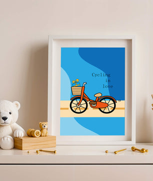 Bicicleta colorida con un regalo en la cesta sobre fondo azul