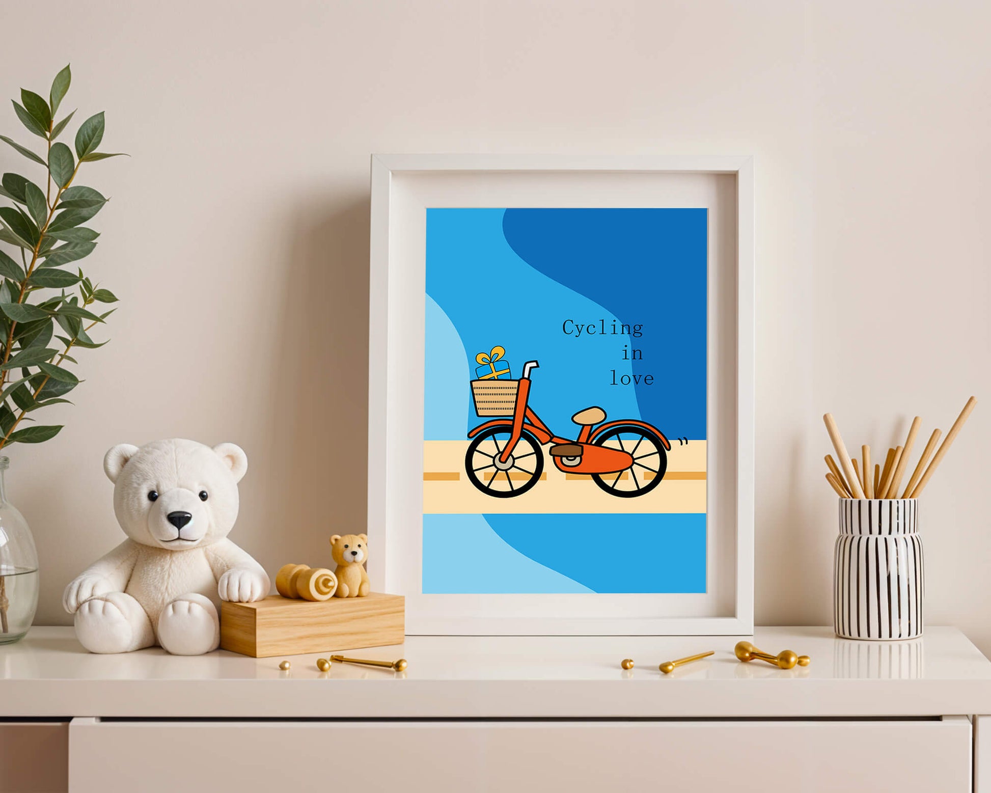 Colorful bicycle with a gift in basket against blue background