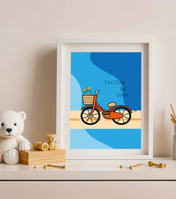 Colorful bicycle with a gift in basket against blue background
