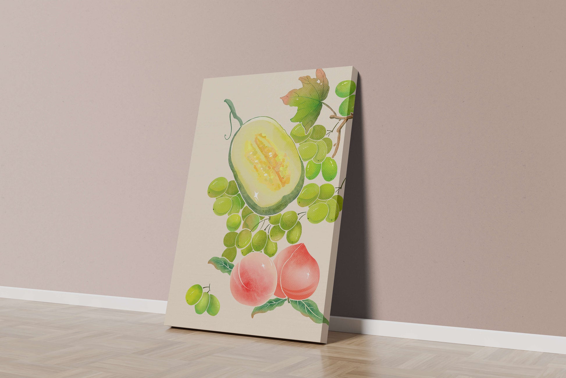 Ilustración de frutas vibrantes que incluye uvas, melón y duraznos