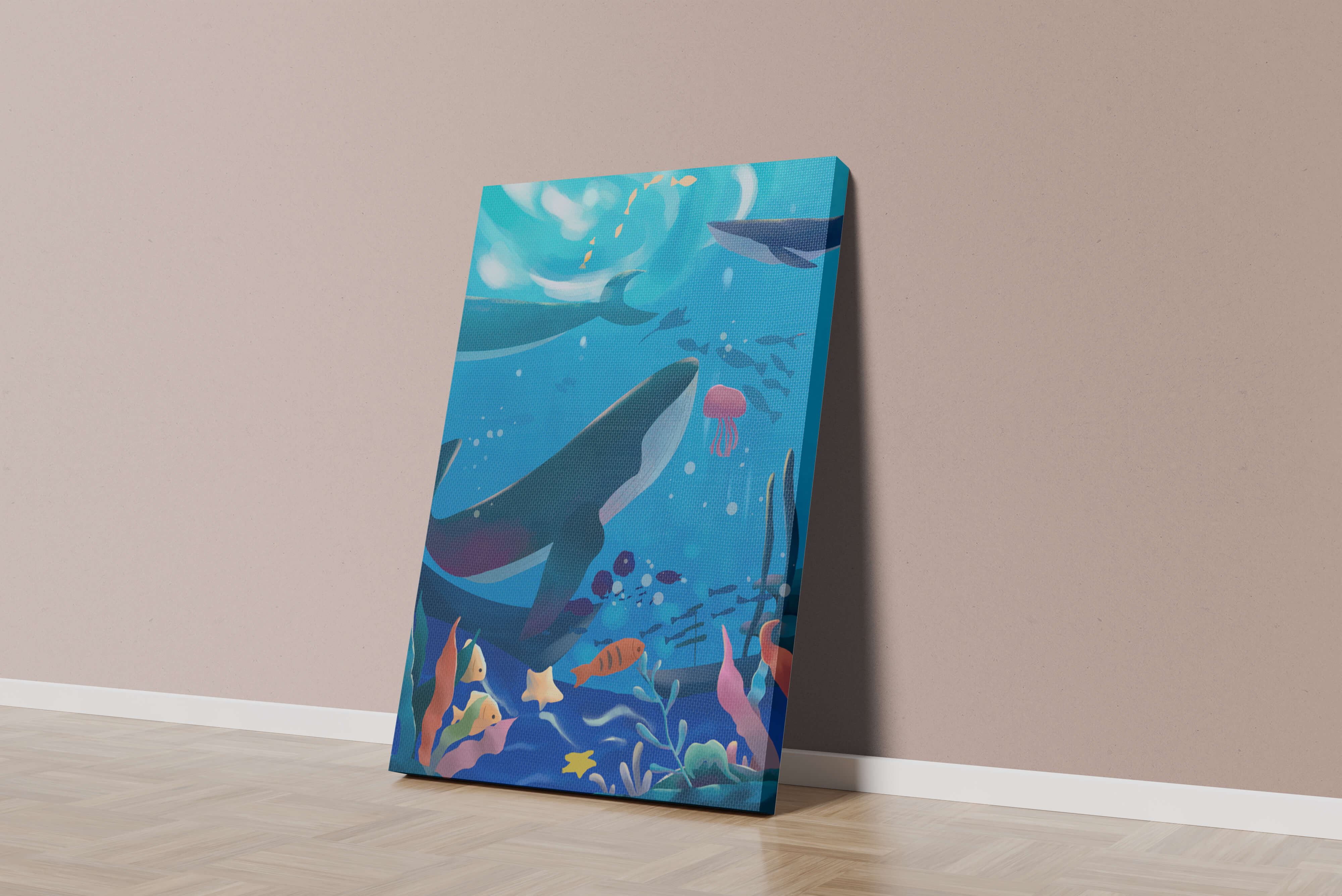 Underwater scene with whales, fish, and coral reef